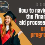 A young graduate wearing a black graduation robe and cap, holding a stack of cash in her hands, potentially to finance her education. The blog topic 'Navigating Financial Aid for Online Programs in India' is displayed in bold letters in the background.